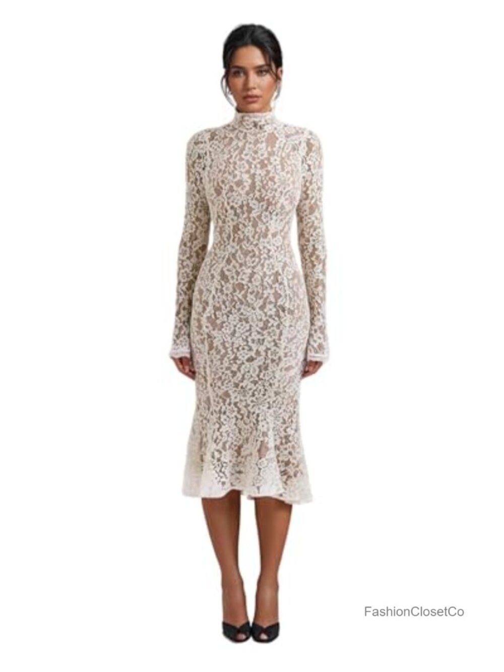 Floral Lace Mock Neck Long Sleeve Midi Dress Back Zipper Bodycon - Picture 1 of 6